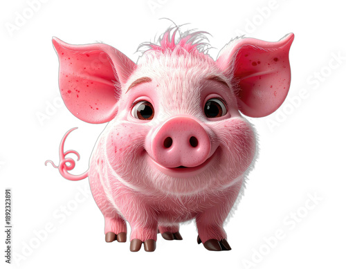 Adorable, cartoon-style pig with a rosy complexion and a joyful expression, set against black