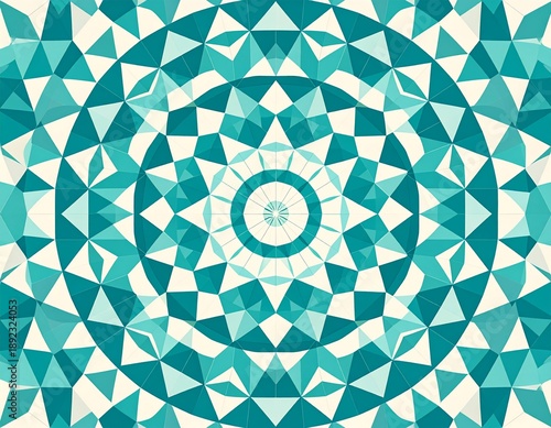 Flat geometric mandala composed of triangles, arcs, and concentric circles, strict ra