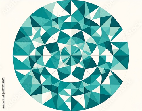 Flat geometric mandala composed of triangles, arcs, and concentric circles, strict ra