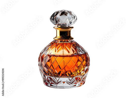 A faceted glass perfume bottle with a golden stopper and amber liquid on a black backdrop