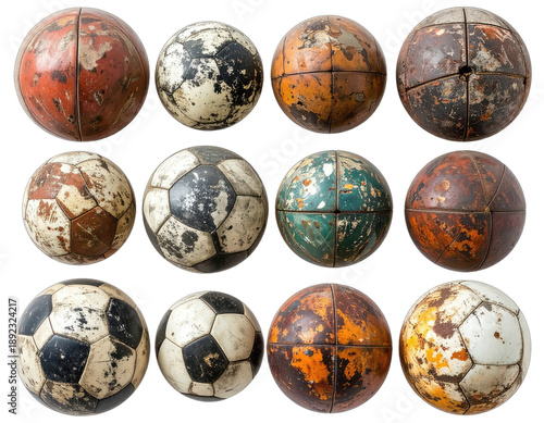 Collection of weathered, aged spheres with various colors and textures on white background