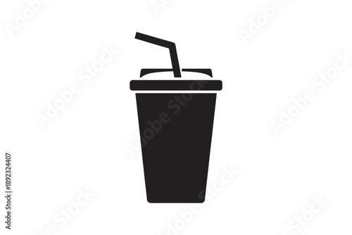 Black disposable cup with straw icon isolated on white background beverage container