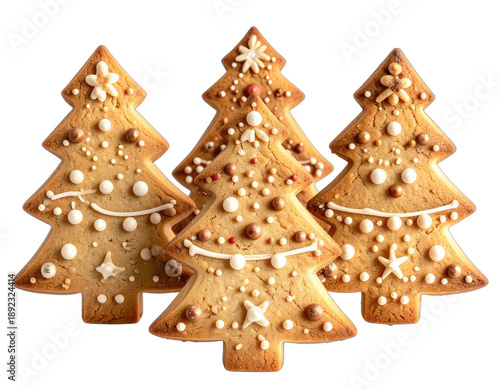 Close-up of four gingerbread cookies shaped as Christmas trees, adorned with icing and sprinkles