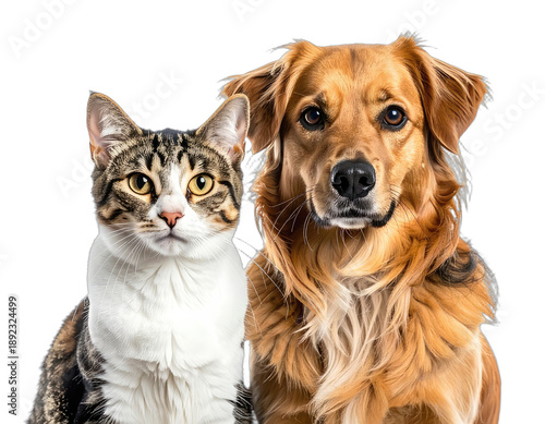 A tabby cat and a golden retriever dog pose against a transparent background
