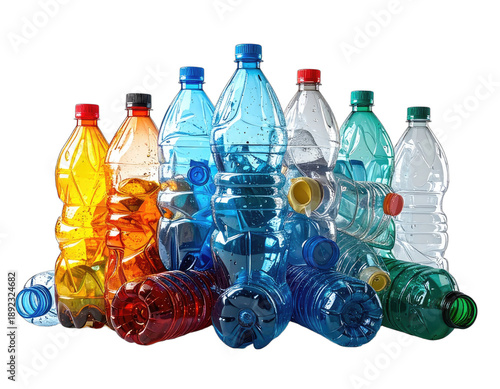 Group of transparent, colorful, plastic bottles clustered against a black backdrop