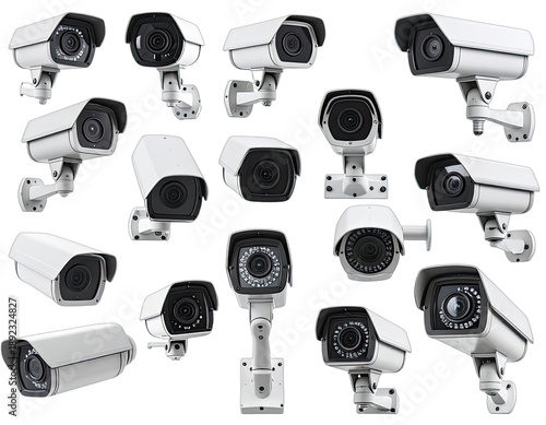 Collection of security cameras, white with black lenses, arranged in a random pattern