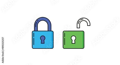 Illustrating the contrasting security status of a locked blue padlock beside an unlocked green padlock using simple flat design icons