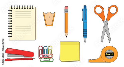 Collection of essential brightly colored office and school supplies neatly organized for administrative or creative desktop organization tasks featuring various stationary tools