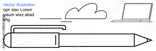 Writing tools, digital technology, creativity, office , cloud computing, communication. Pen with clip, cloud and laptop in minimal line art. Writing tools and digital technology concepts