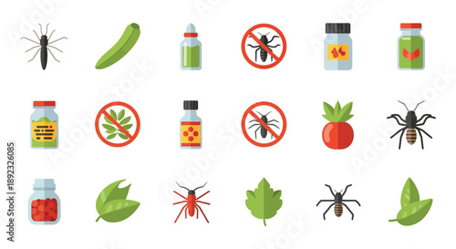 Collection of flat design icons representing various agricultural pests insecticides organic remedies and forbidden symbols for garden protection concepts