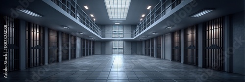 A high-security prison corridor with cells viewed from the center, featuring a long hallway, corridors, and prison architecture in a dimly lit environment.