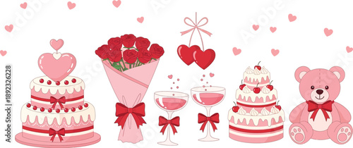 A cute Valentine's Day illustration featuring cakes, red roses bouquet, champagne glasses, and a pink teddy bear