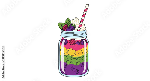 Colorful layered smoothie in a mason jar topped with fresh berries whipped cream and a decorative straw illustrates a healthy delicious vibrant beverage concept