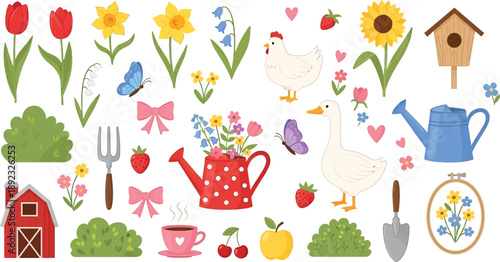 Spring and gardening elements collection with flowers, animals, and tools. Cute cartoon illustration set for farm and nature themes.