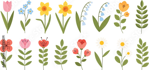 A vibrant collection of spring flowers and plants in a flat design style, featuring tulips, daffodils, and daisies on a white background.