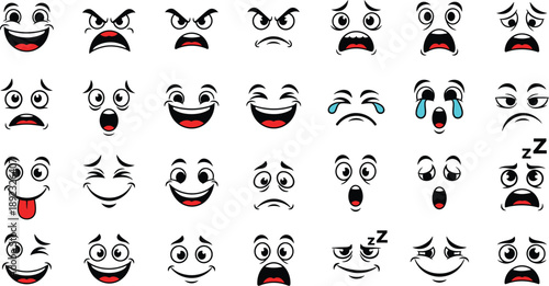 A large collection of various cartoon facial expressions and moods, including happy, angry, sad, surprised, and sleepy faces