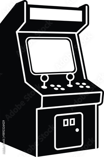 Retro arcade game machine classic upright cabinet design with blank screen, dual joysticks, and control buttons and coin slot. 
