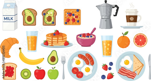 A diverse collection of healthy breakfast food items and drinks, including fruit, toast, pancakes, and coffee, presented as flat vector illustrations.