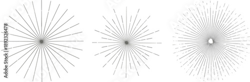 Radial sunburst line patterns collection with abstract starburst shapes isolated on white