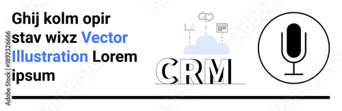 Customer relationship management, voice recognition systems, cloud data storage, technology innovation, business tools, communication. CRM text with cloud and microphone symbol. CRM and voice