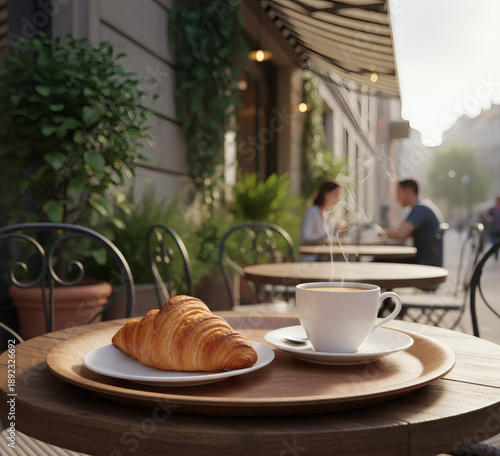 Croissant and coffee on wooden tray at cafe