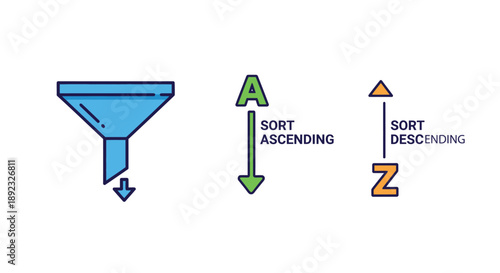 Digital illustration displaying data processing concepts including filtering represented by a funnel and alphabetical sorting for ascending and descending order arrangements