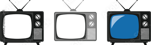 Retro television icon set with vintage TV screens in outline grayscale and color styles