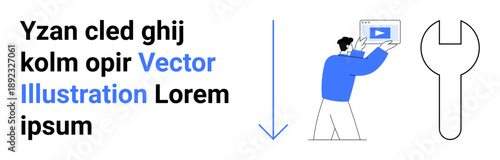 Person holding a screen with a play button, arrow pointing down, wrench icon. Ideal for tutorials, teamwork, digital services, content creation, repair, learning simple landing page