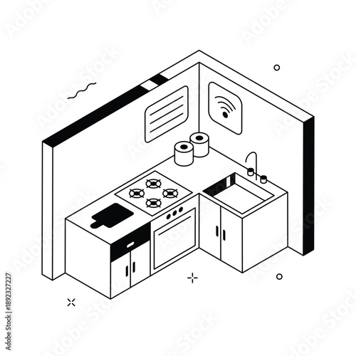 A well designed isometric illustration of smart kitchen interior