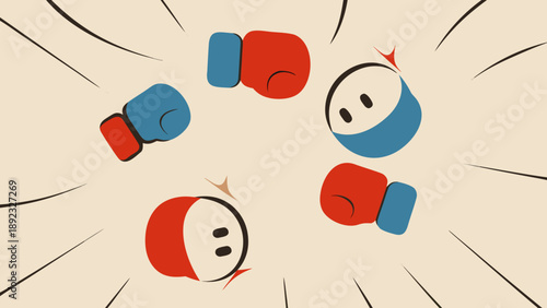 Abstract boxing motion illustration with red and blue gloves in mid air conveying dynamic movement and competition