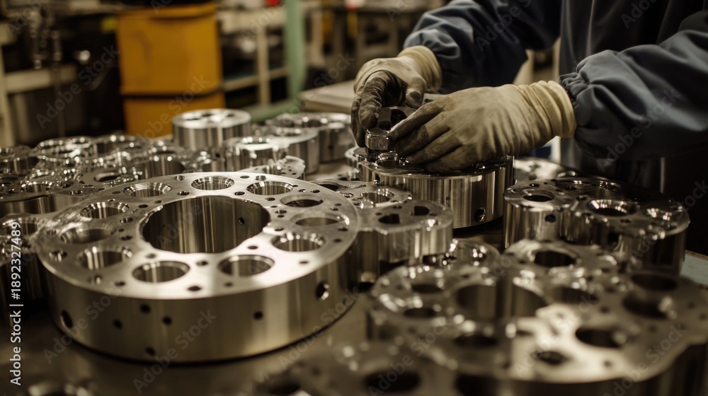 Naklejka premium Worker assembling precision metal components in a manufacturing facility during daytime hours