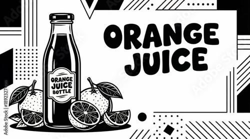 juice bottle accompanied by fresh oranges, designed in clean line art style for packaging, branding, and beverage marketing