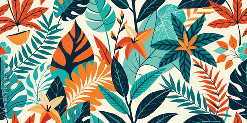 Mid-Century Modern Tropical Seamless Pattern with Teal and Burnt Orange Foliage.eps