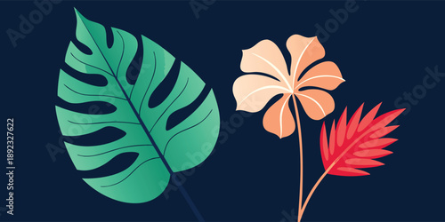 Monstera Leaf and Hibiscus Flower Flat Art with Geometric Textures on Navy Blue.eps