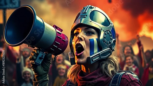 A woman in a helmet holding a megaphone in front of a crowd