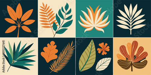 Flat Design Exotic Plant Illustration Set ? Professional Botanical Surface Pattern Tiles in Navy, Terracotta, and Mustard.eps