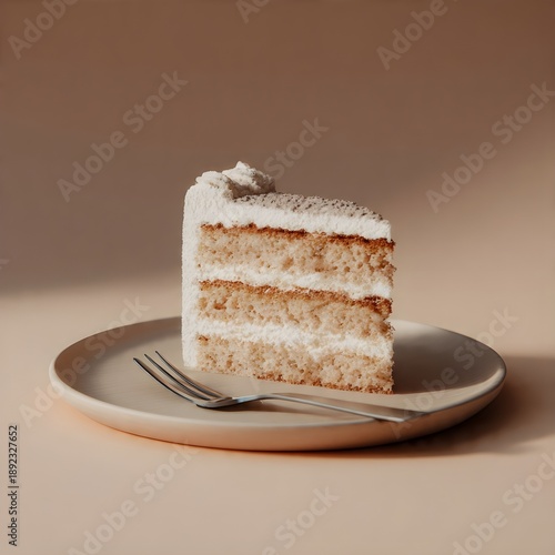 Slice of Layered Sponge Cake with Cream Frosting