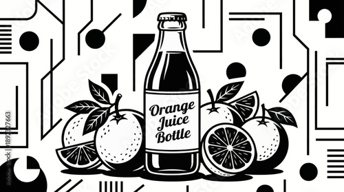 juice bottle accompanied by fresh oranges Black and white vector illustration, designed in clean line art style for packaging, branding, and beverage marketing