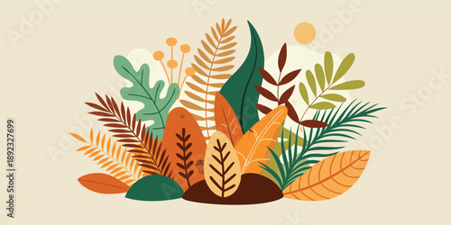 Modern Minimalist Flat Design Botanical Background with Matte Earth Tone Ferns and Palms.eps