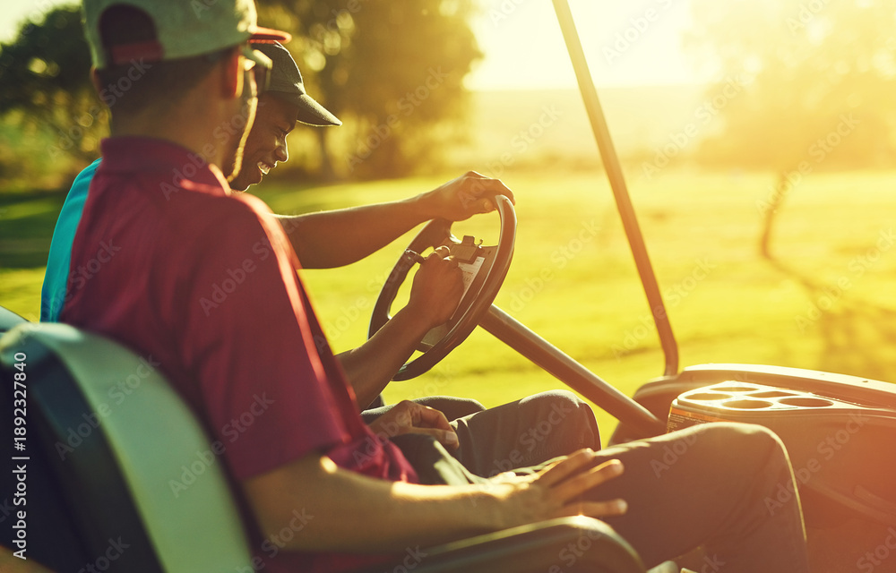 Fototapeta premium Golf cart, friends and scorecard with game, results and writing for competition practice or weekend hobby. Men, golfer people and tournament with sport club, golfing course or challenge outdoor