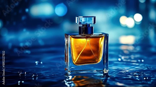 A bottle of perfume with water splashing out of it