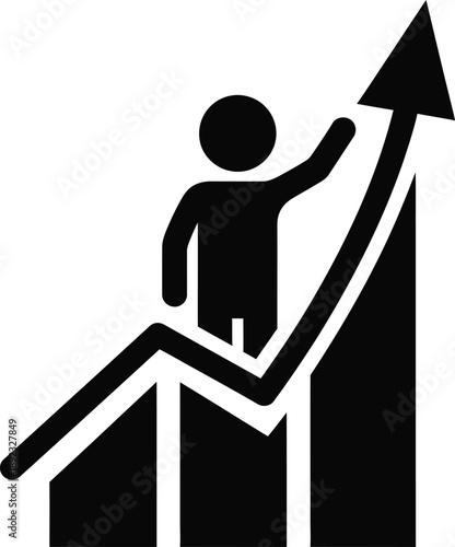 A person climbing up a rising graph with an arrow