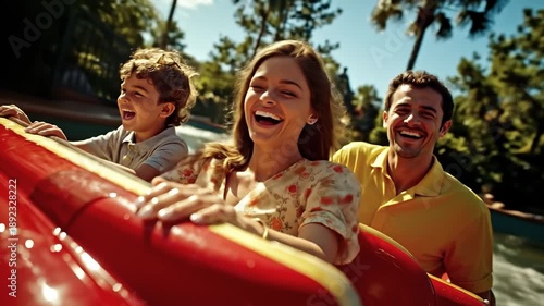 A man and woman and two children riding a roller coaster at a theme park