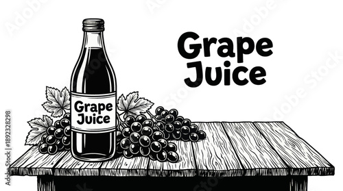grape juice bottle with grape clusters Black and white vector illustration, highlighting classic fruit beverage presentation in minimal outline style