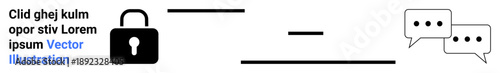Cybersecurity, data protection, communication, digital security, information safety, online interaction. Padlock icon, horizontal lines chat bubbles. Cybersecurity and data protection concepts