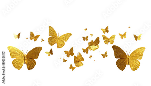 A flock of golden butterflies on a stark black background, floating, seemingly in flight
