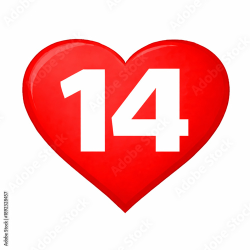 Captivating glossy red heart icon displaying the number 14, a powerful symbol of deep love, cherished romance, and joyful celebrations such as Valentine's Day or a significant anniversary
