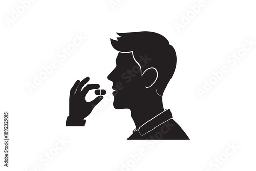 Black silhouette profile of man taking pill isolated on white background, healthcare concept