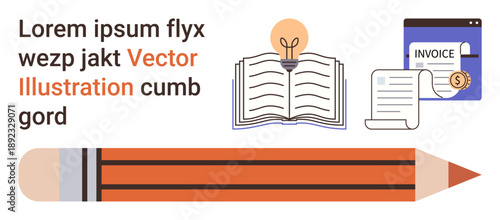 Education, business planning, writing, creativity, accounting, financial management. Open book, lightbulb pencil and invoice graphic design. Education and business planning