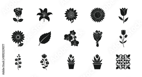 Collection of various black floral silhouettes on white background